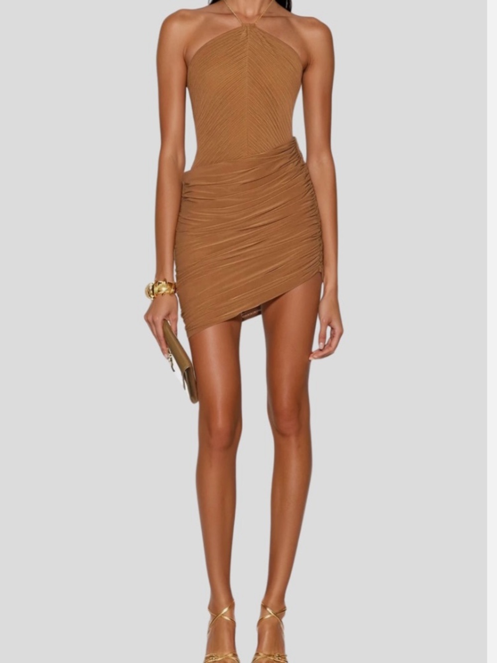 Ruched Halter Mini Dress in Camel